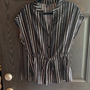 CiciBird Black & White Vertical Stripe Drawstring Tie Waist Top